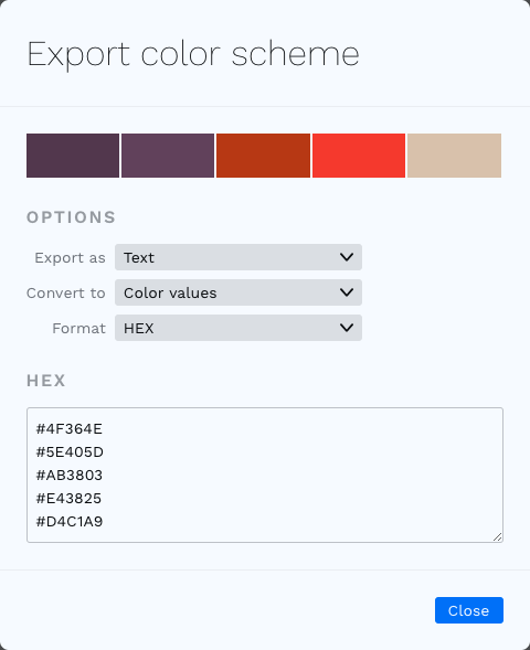 Export colors dialog