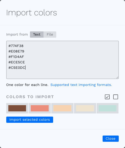 Select colors to import